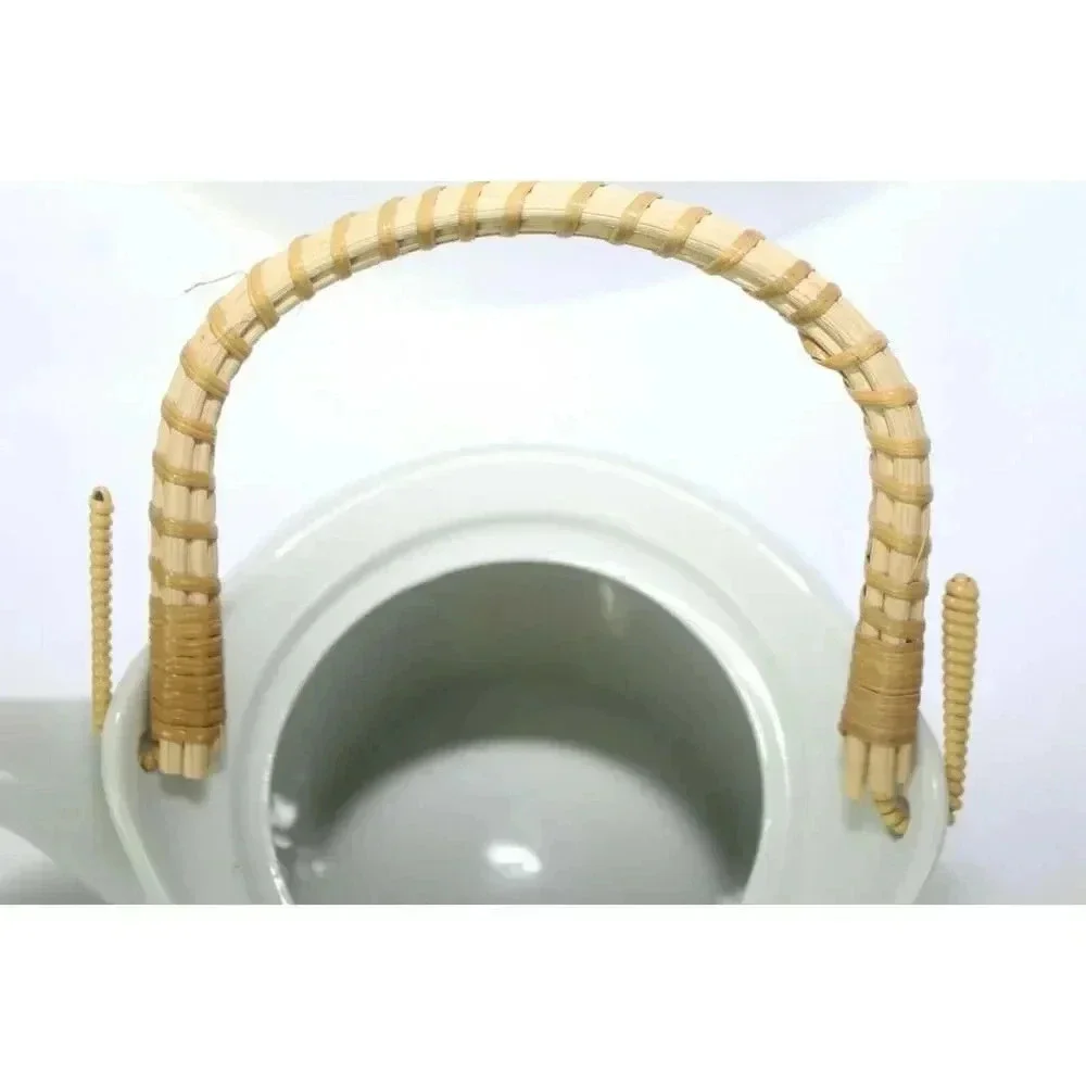 White Japanese bamboo handle tea pot 5in wide 5in tall